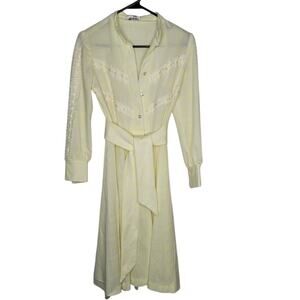 Discovery Size Medium Vintage Polyester Yellow Fit Flare Dress lace belted